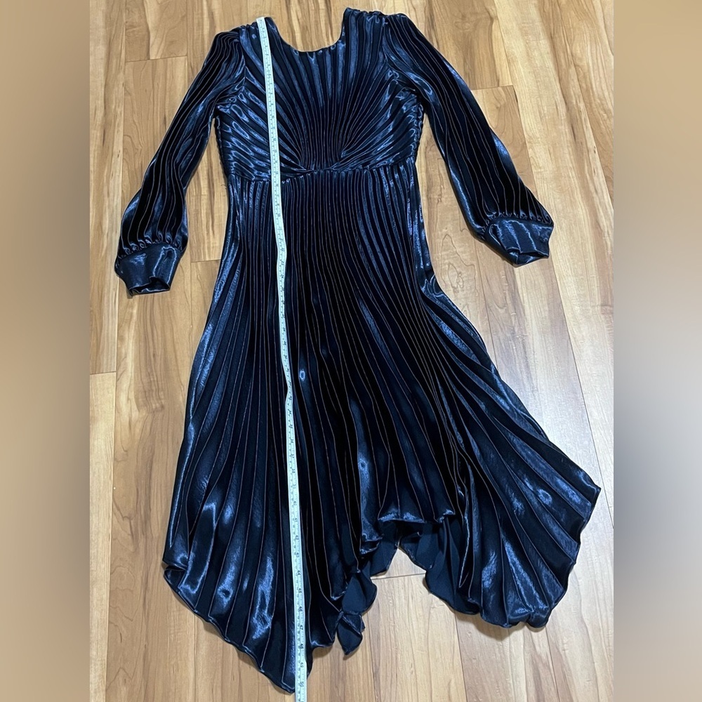Sandro Paris Navy Pleated Satin Midi Dress Boat Neck V-Back EU 40 - Picture 11 of 13